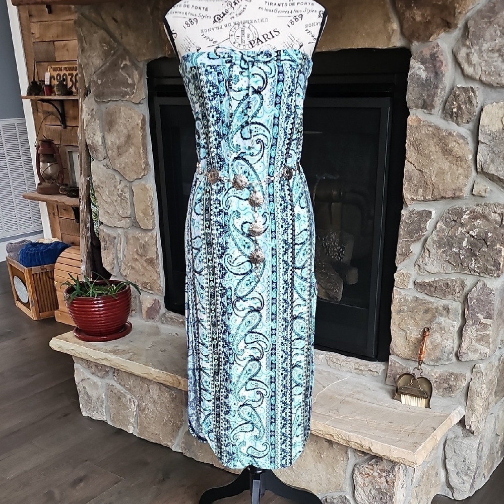 Bobbie Brooks White and Blue Strapless Sheath Dress for Wedding Guest